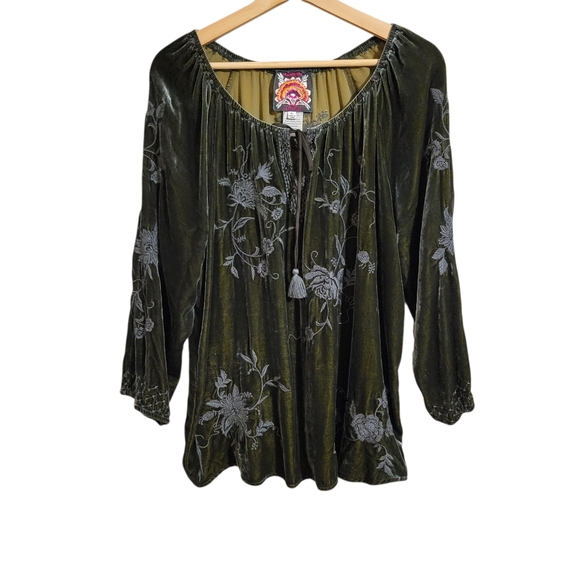 Johnny Was Green Velvet Embroidered Floral Top - Picture 3 of 11
